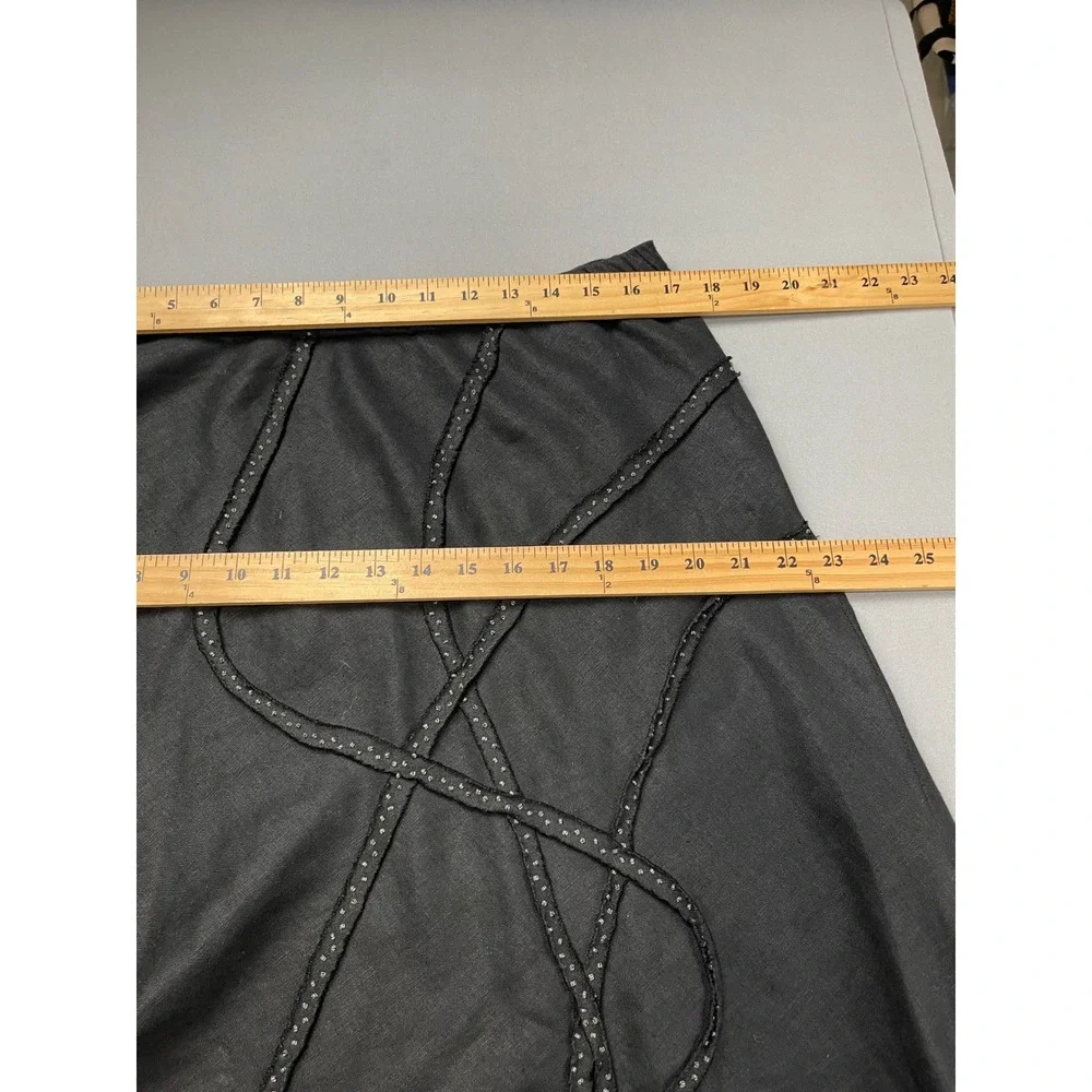 JM Collection Petite Black 100% Linen Beaded Soutache Midi Skirt Womens 16P‎